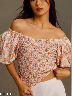 Anthropologie Off-The-Shoulder Textured Top Sz Large Puff Sleeves NWT NEW